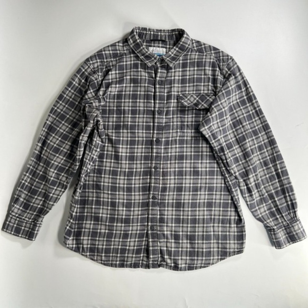 Columbia Shirt Mens XL Gray White Flannel Button-Up Hiking Weston Pass Omni-Wick
